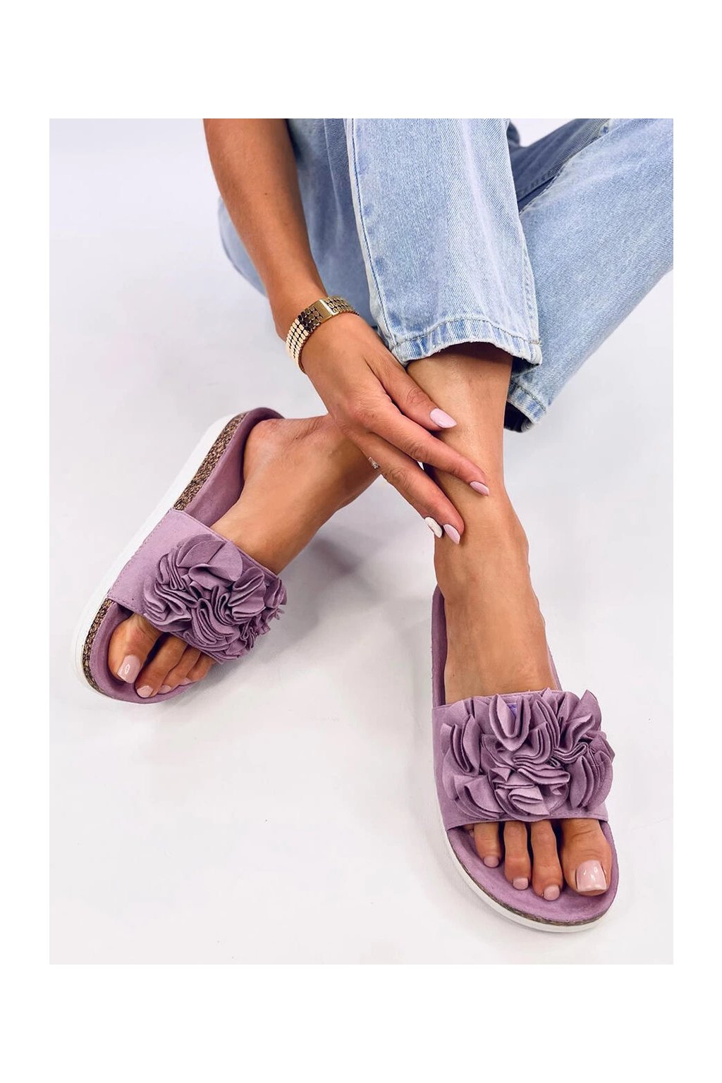 Fialové dámske šľapky z eko semišu s kvetinovým vzorom, kód produktu ZX6053