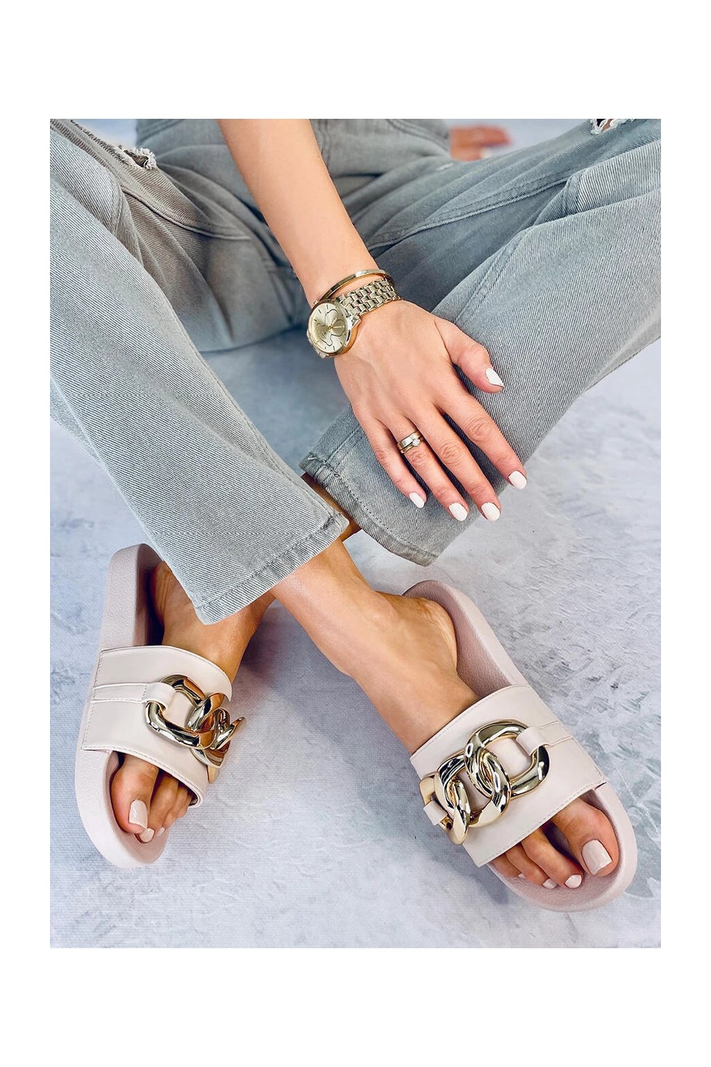 Béžové dámske šľapky z eko kože na bežné nosenie, kód produktu CK203