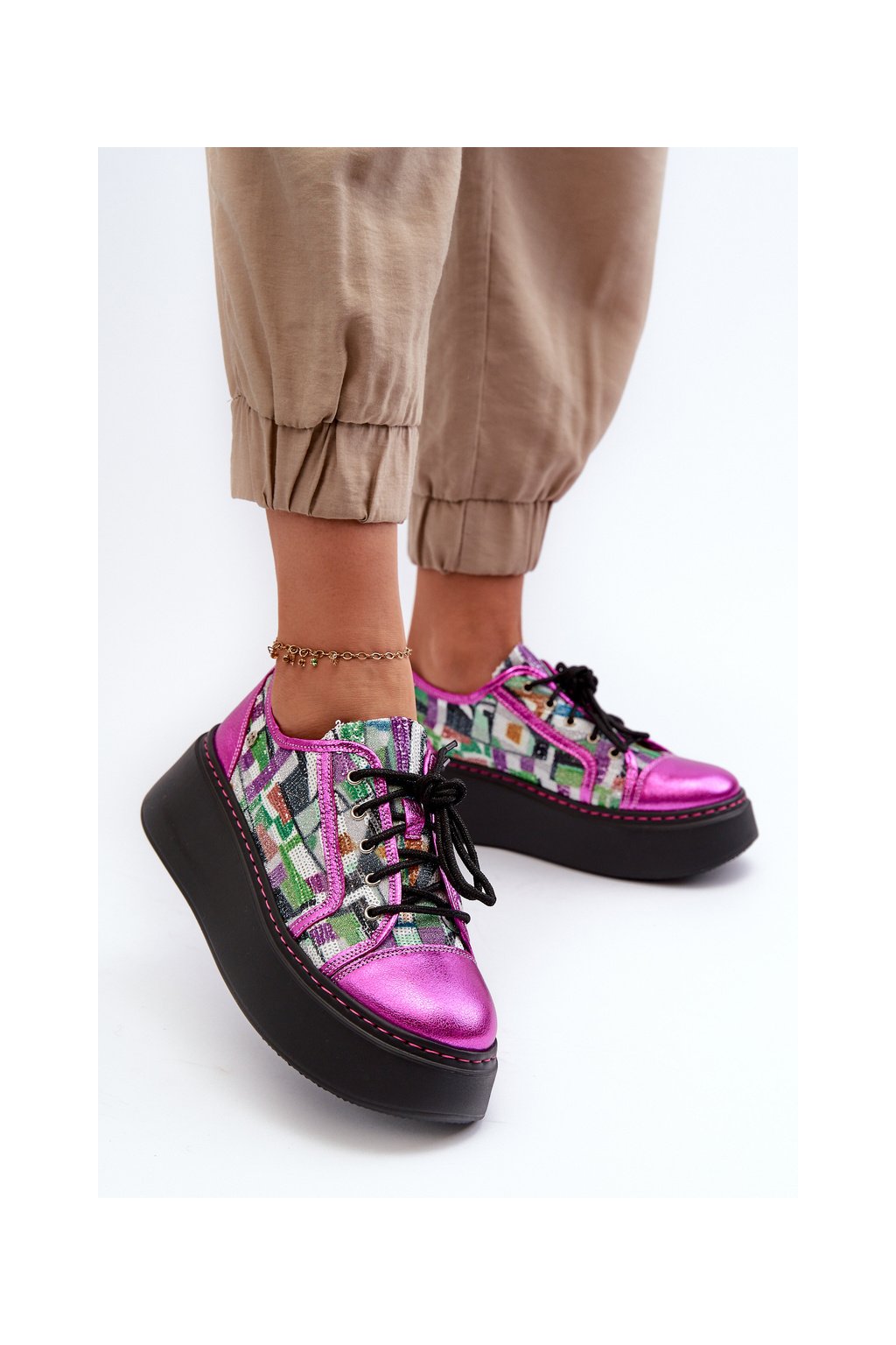 Ružové dámske kožené tenisky na plošine s prírodnou kožou, kód produktu 06479-15/00-7 FUKSJA+MULTI