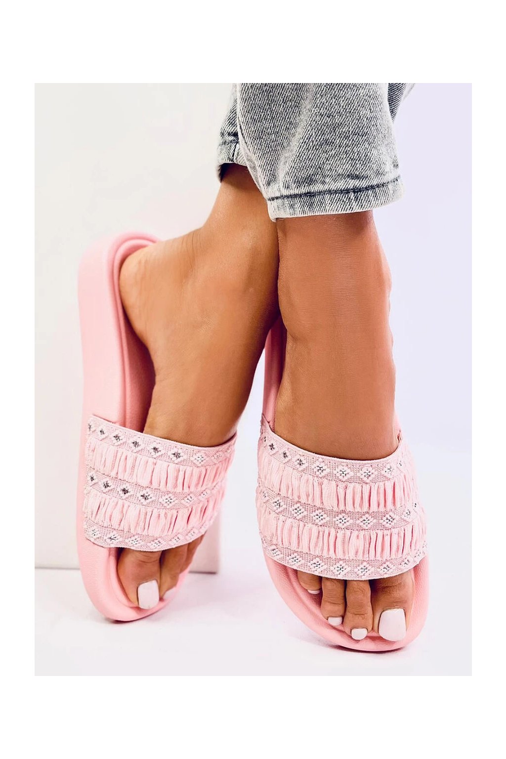 Ružové dámske šľapky z textilného materiálu na bežné nosenie, kód produktu 2219-1