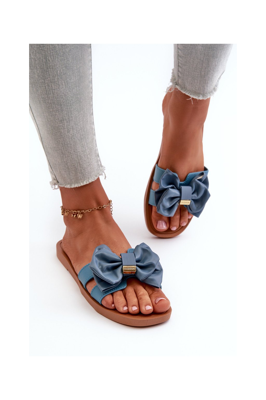 Modré dámske šľapky z eko koženého materiálu s rovnou podrážkou, kód produktu 491-02 BLUE