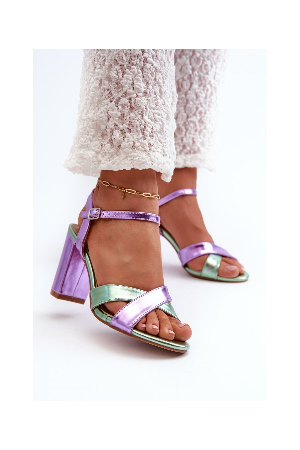 Fialové dámske sandále na stĺpovom podpätku s eko kožou, kód produktu M366 PURPLE