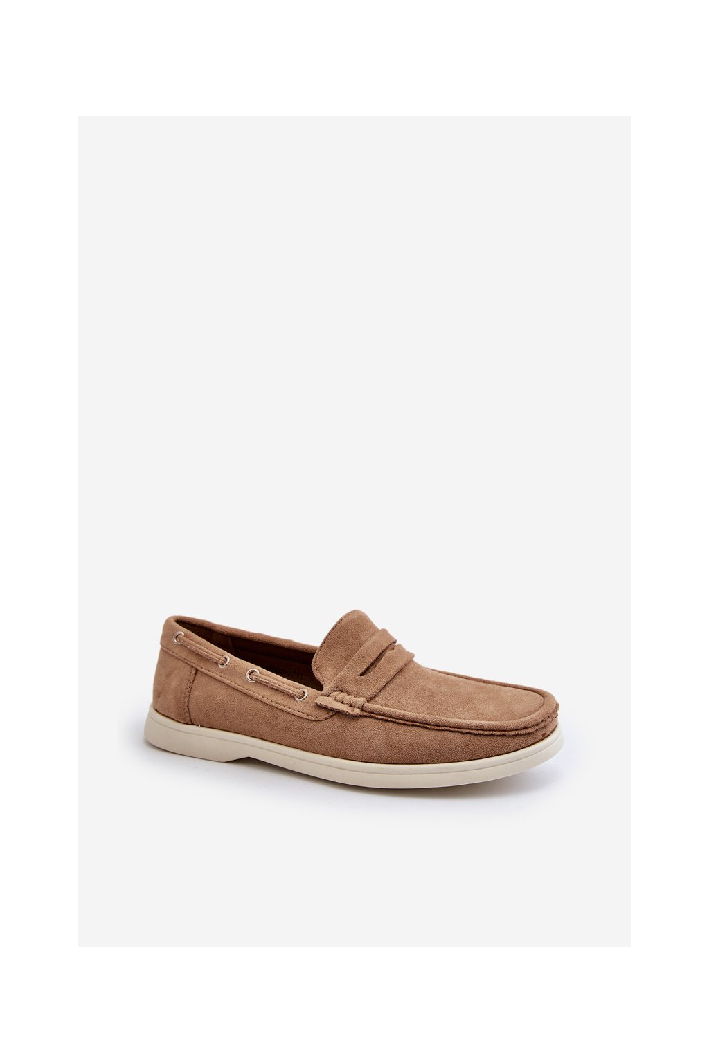 Mužské béžové mokasíny z eko semišu na rovnej podrážke Rivanell, kód produktu 24MN02-7711 BEIGE