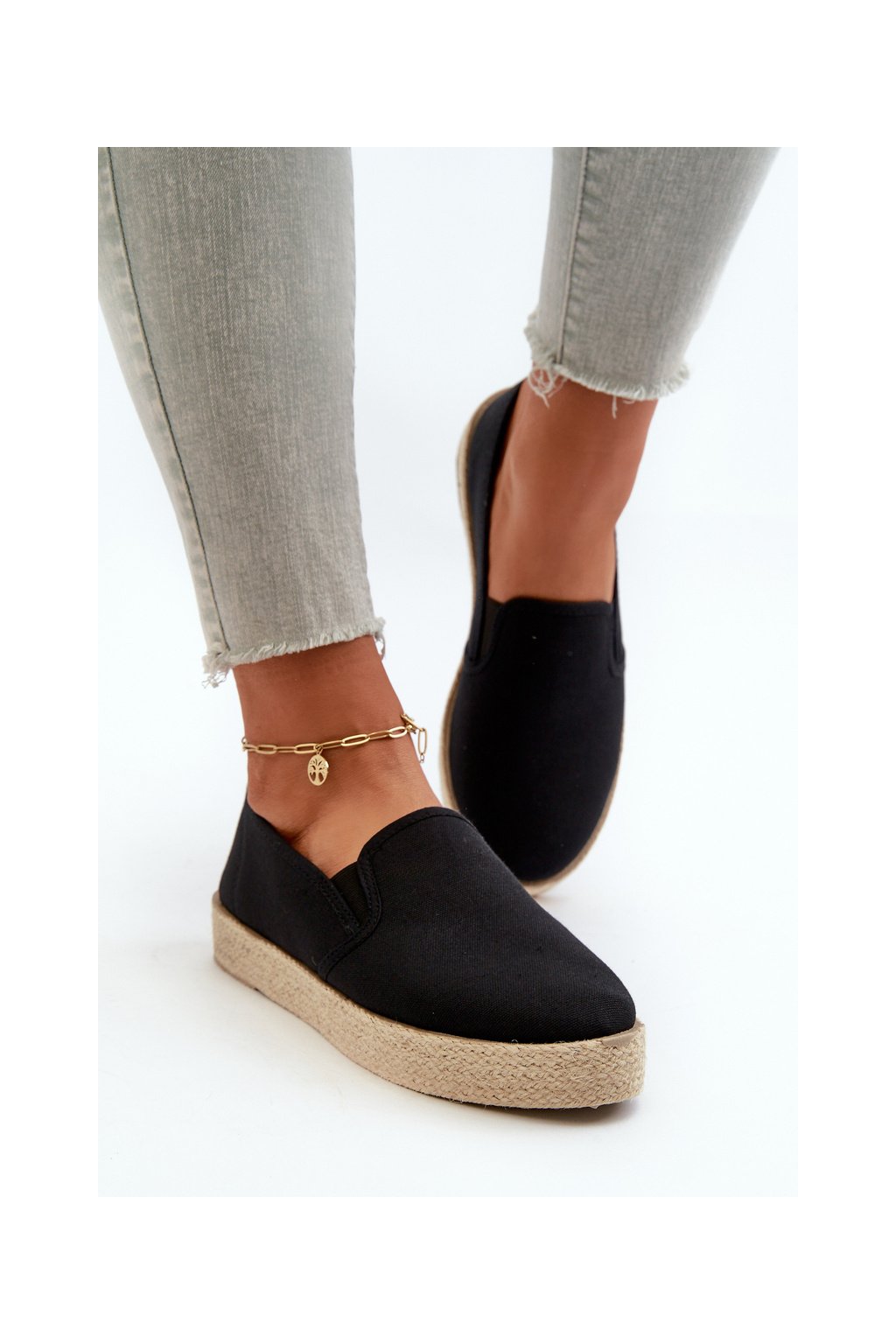 Čierne dámske textilné espadrilky na platforme s rovnou podrážkou, kód produktu 24TX02-7698 BLACK