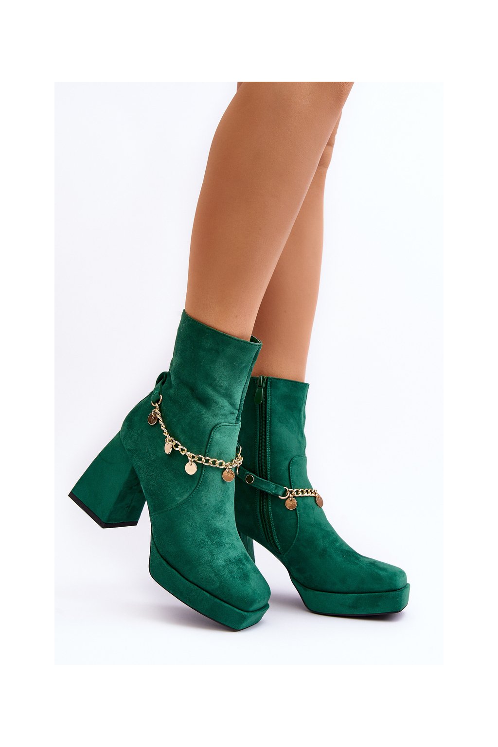 Zelené dámske členkové topánky z eko semišu na blokovom podpätku s vnútorne zateplenou obuvou, kód produktu 168-500 GREEN
