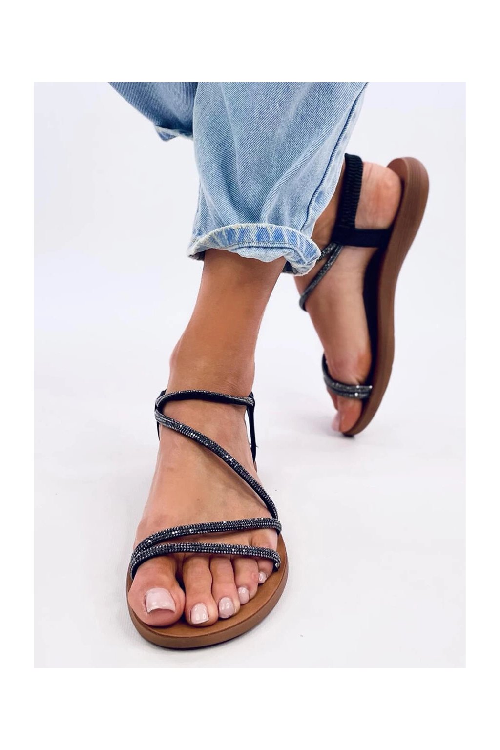 Čierne dámske sandále z eko kože s kamienkami na bežný deň, kód produktu 2441