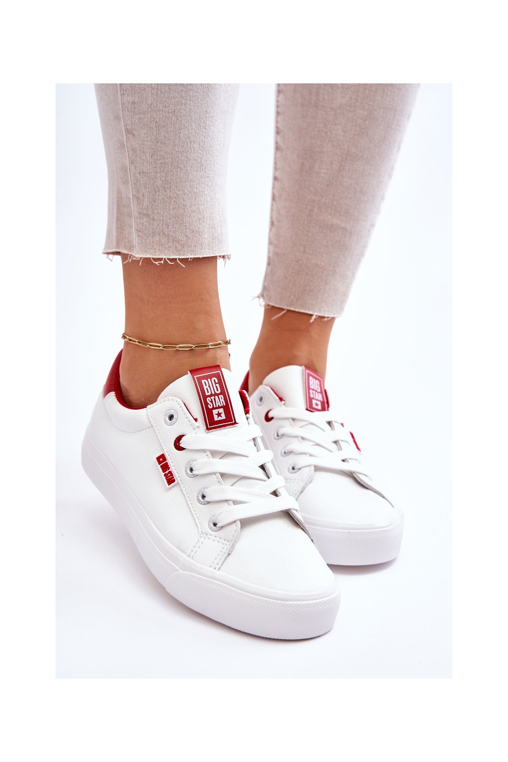 Dámske biele tenisky z eko kože na rovnej podrážke, kód produktu EE274311 WHITE RED