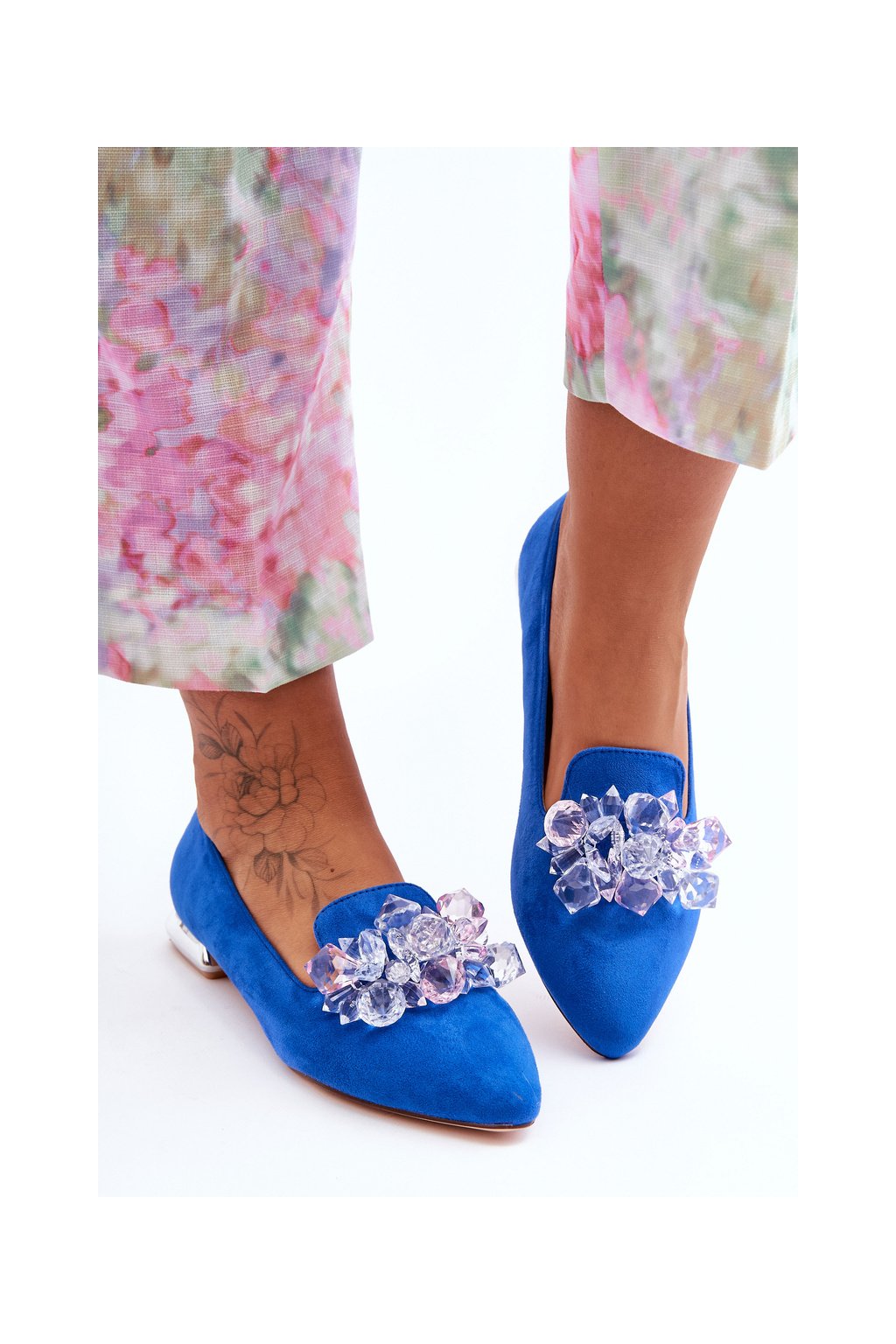 Dámske modré semišové mokasíny na plochej podrážke s eko koženou vložkou, kód produktu GG-113P BLUE