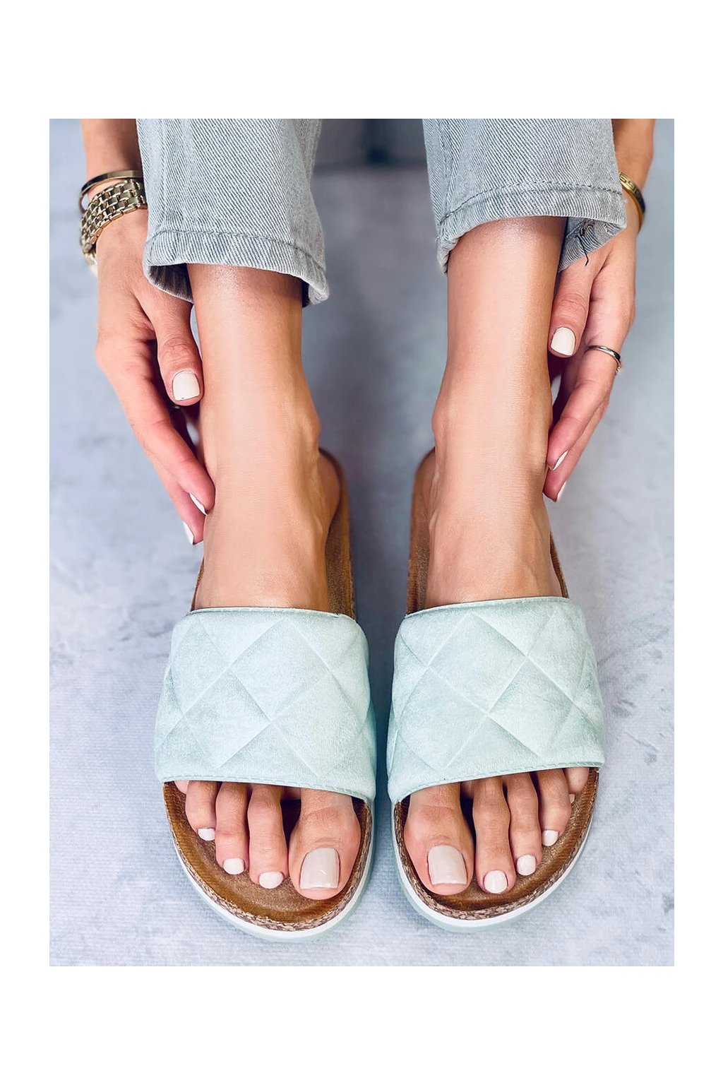 Dámske mätovo zelené šľapky z eko semišu na bežné nosenie, kód produktu LS017