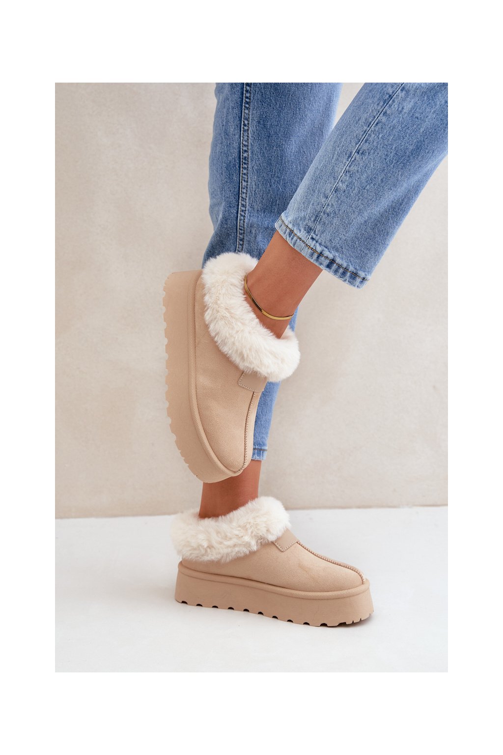Béžové dámske snehule z eko semišu s hrejivou kožušinkou na platforme, kód produktu VL245P BEIGE