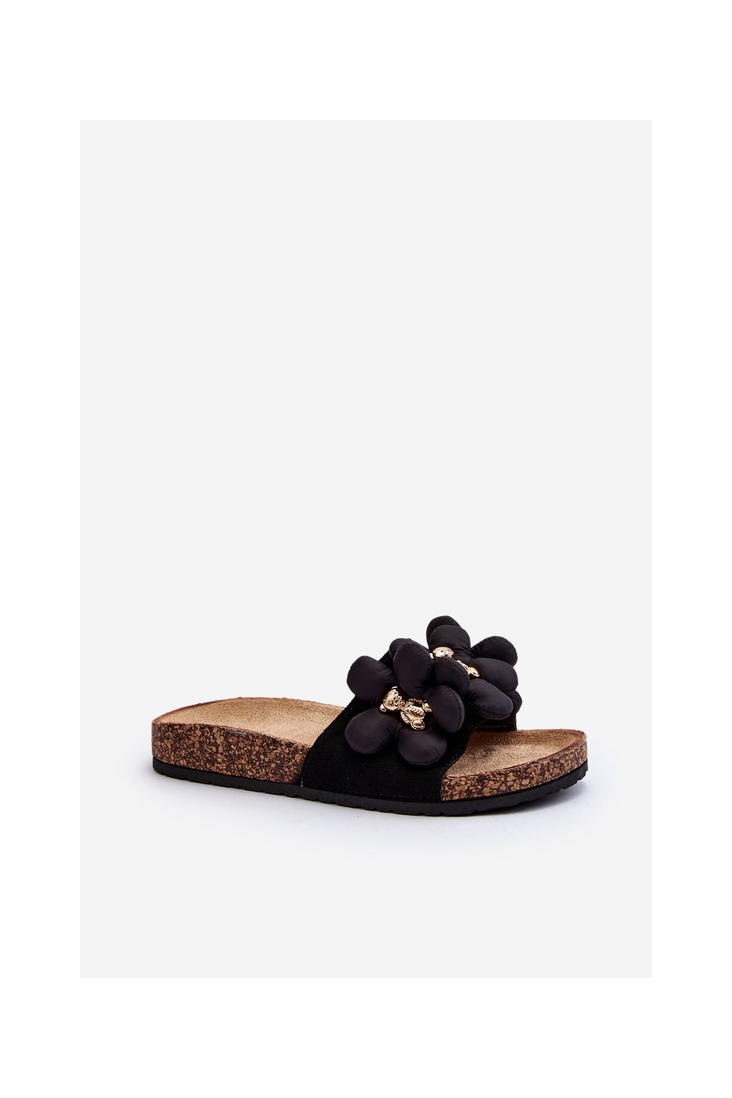 Čierne dámske šľapky z EKO semišu s korkovou platformou a rovnou podrážkou, kód produktu CK278P BLACK