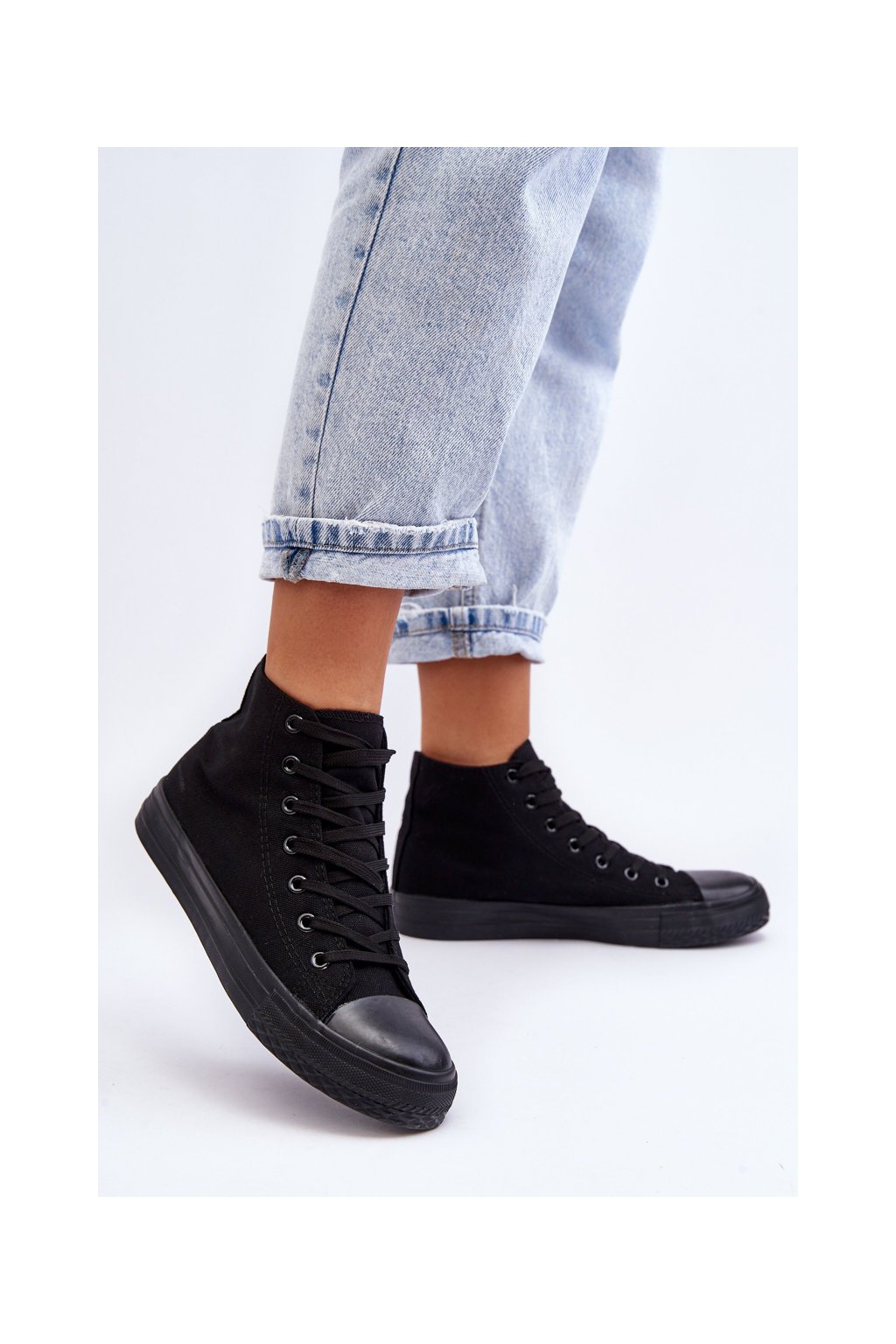 Čierne dámske plátenné tenisky na rovnej podrážke, kód produktu B-807 ALL BLACK