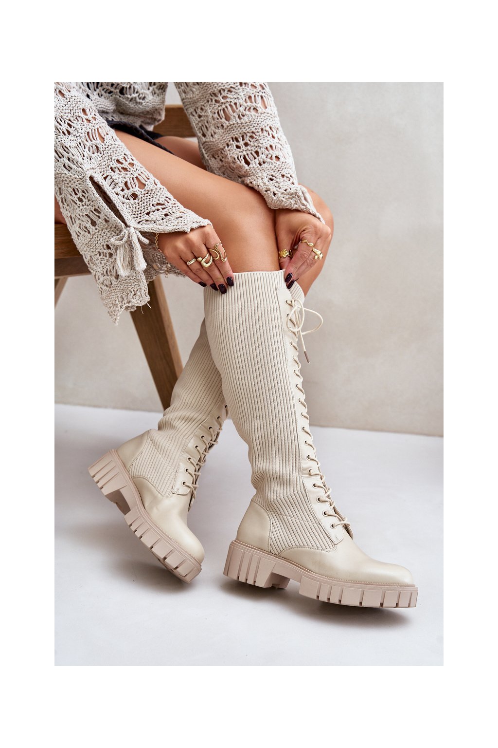 Béžové dámske čižmy nad koleno s rovnou podrážkou, textil, kód produktu DE1169 BEIGE