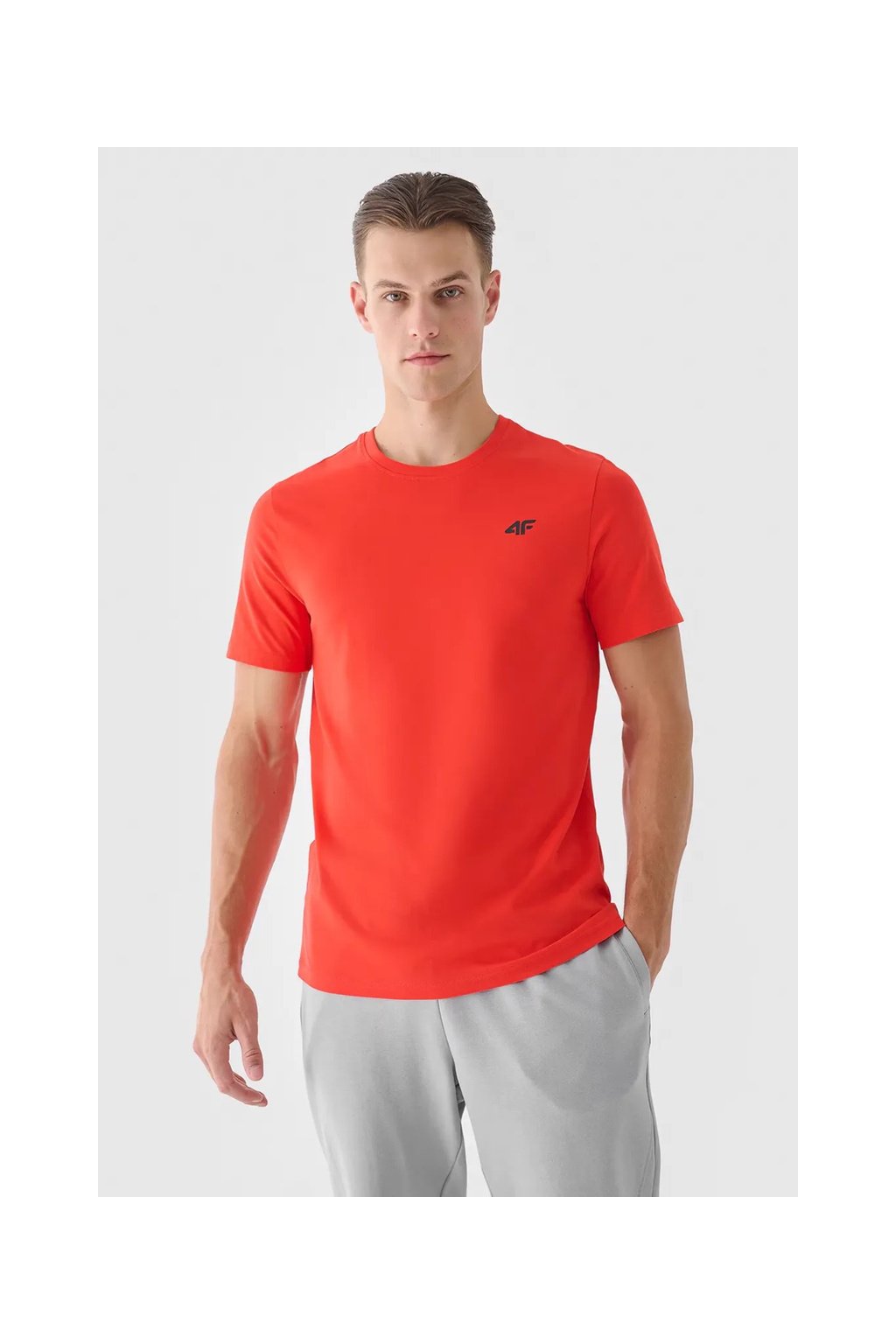 Pánske hladké tričko s logom 4F oranžovej farby z bavlny, kód produktu M1843-70S