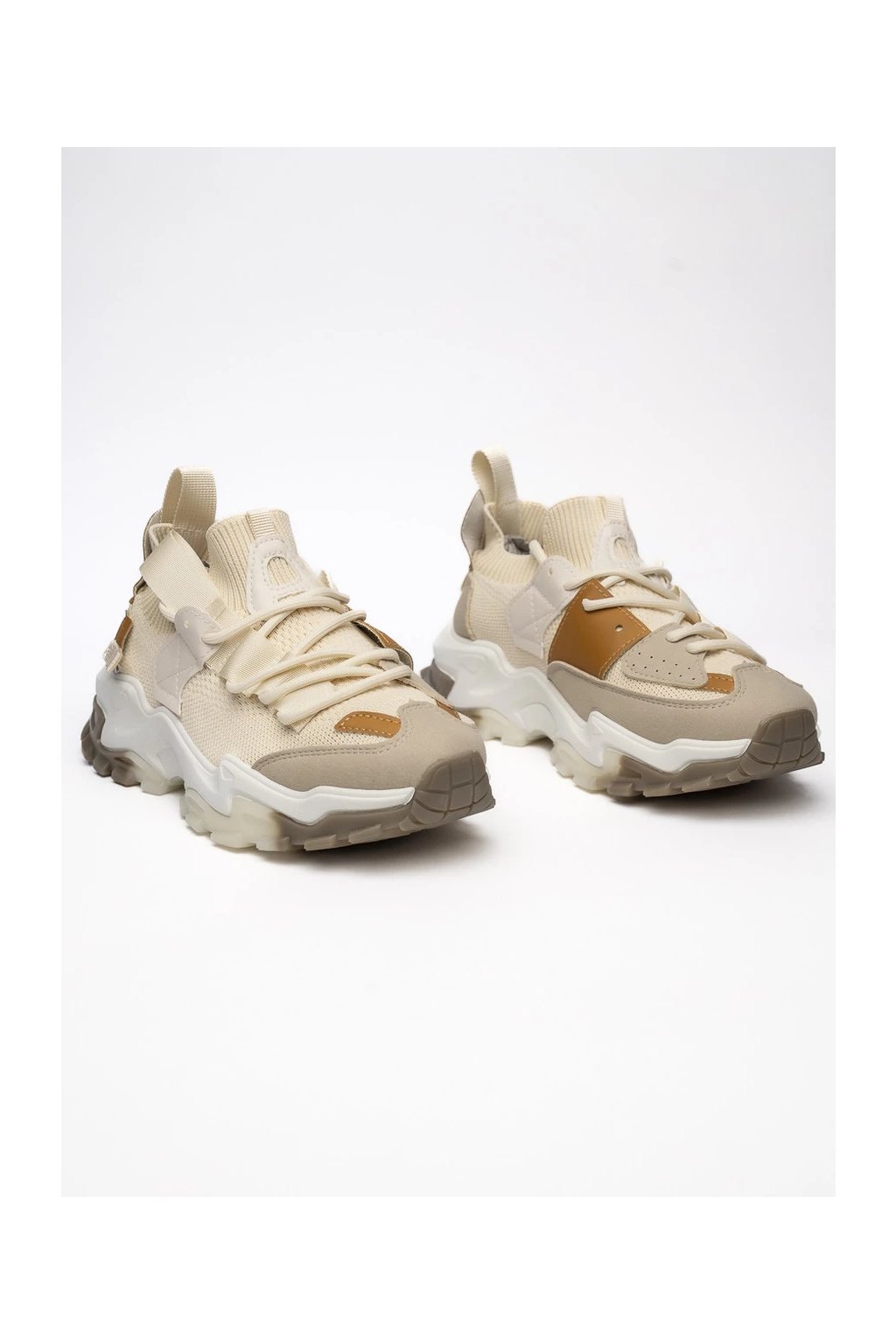 Dámske béžové tenisky z eko kože na šnúrky a elastické pásky, moderný dizajn, kód produktu JT001