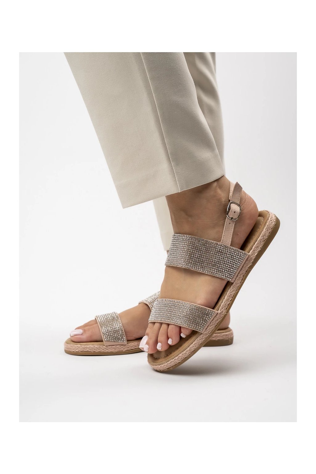 Ružové dámske sandále s rovnou podrážkou, syntetický materiál, zdobené, kód produktu P3012-02 PINK