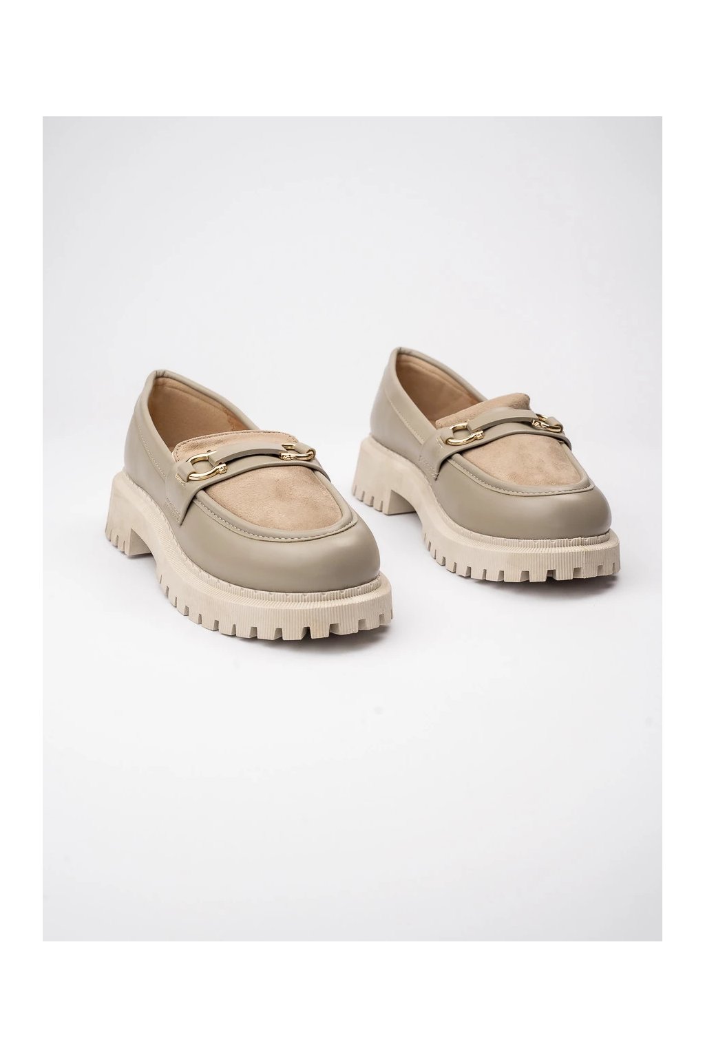 Dámske strieborné mokasíny z eko semišu, khaki farba, štýl smart casual a kancelárske, kód produktu GO-230_KHAKI