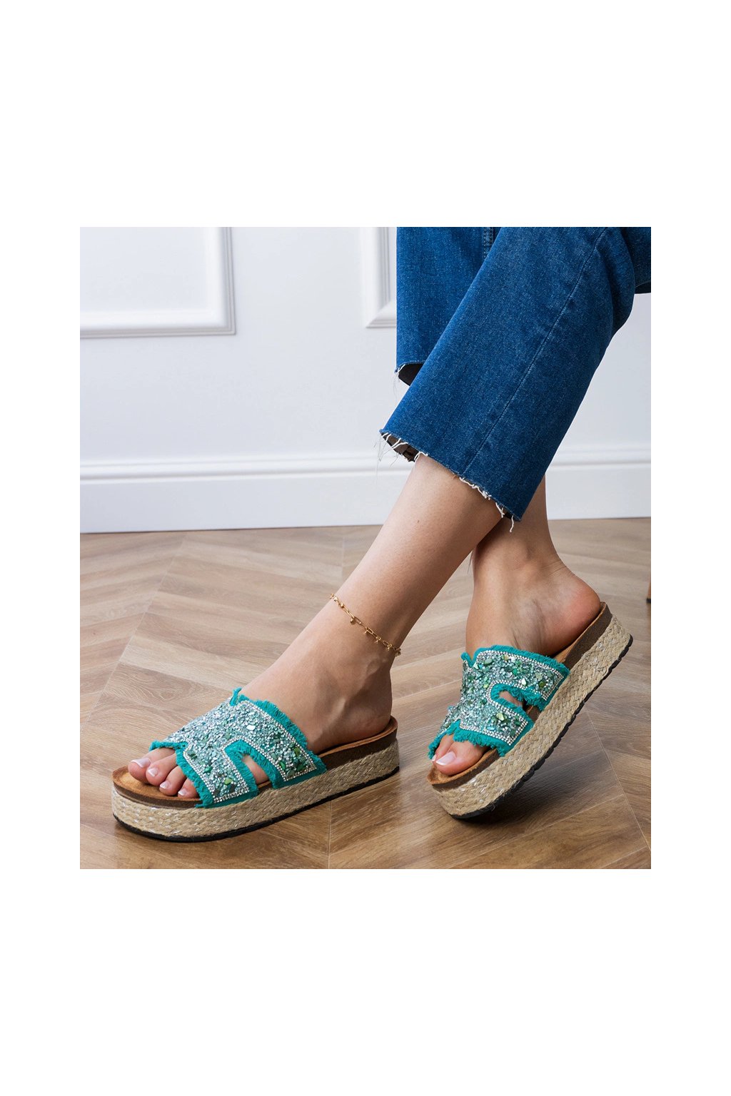 Zelené dámske espadrilky s kamienkami na platforme, tkanina, eko koža, kód produktu Green