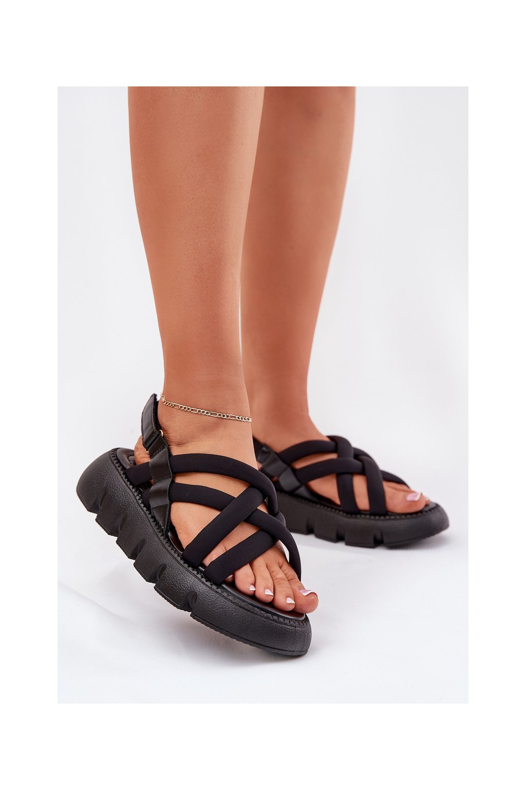 Čierne dámske sandále na platforme s remienkami, textil, kód produktu SQC-101 BLACK
