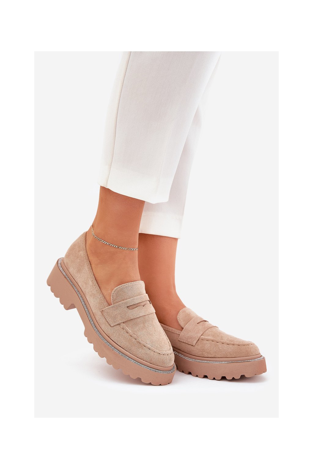 Khaki dámske mokasíny z eko semišu s ozdobnými zirkónmi, kód produktu 100-368 KHAKI