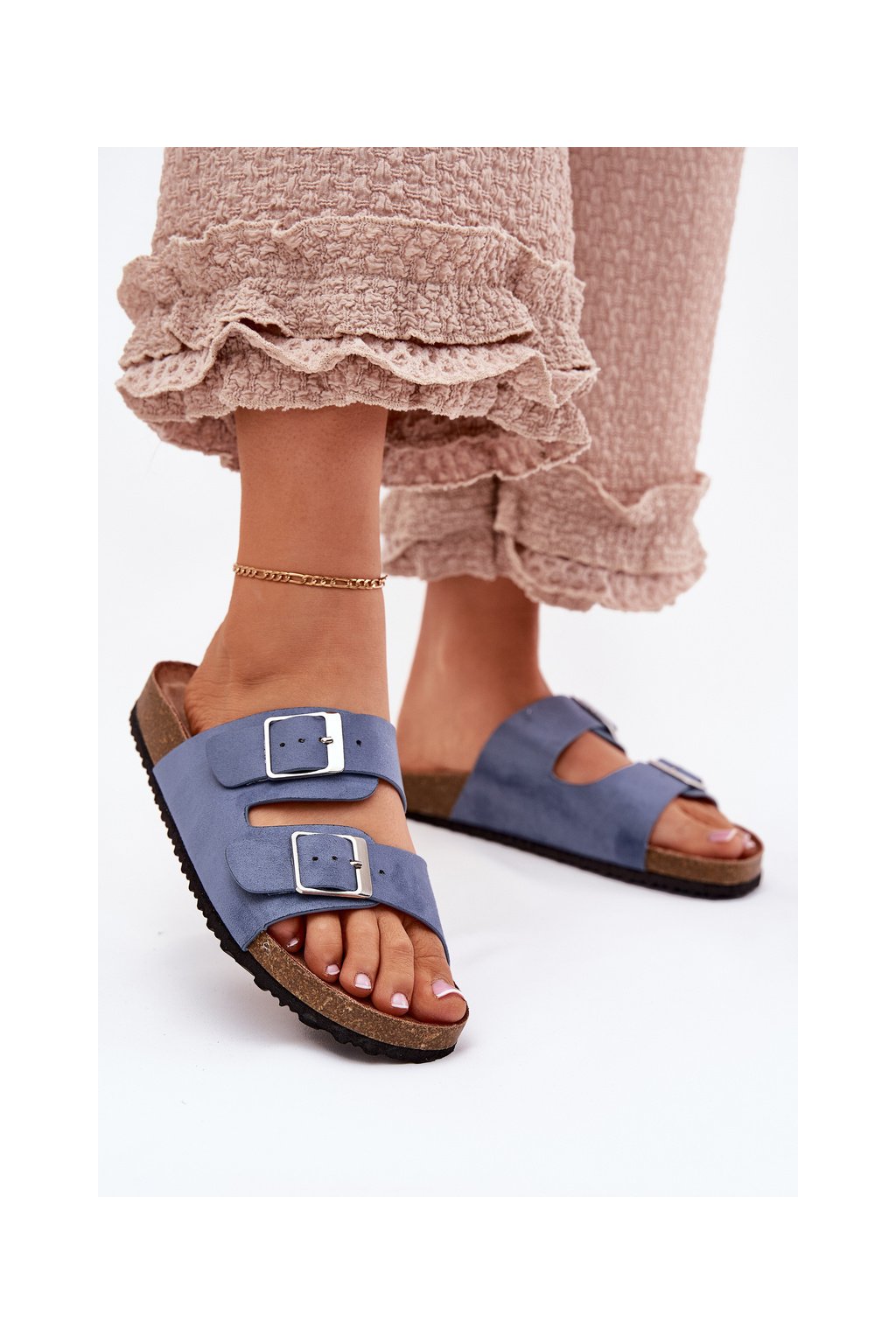 Modré dámske sandále z eko semišu na korkovej platforme s rovnou podrážkou, kód produktu C-725 BLUE (Veľkosť 36)