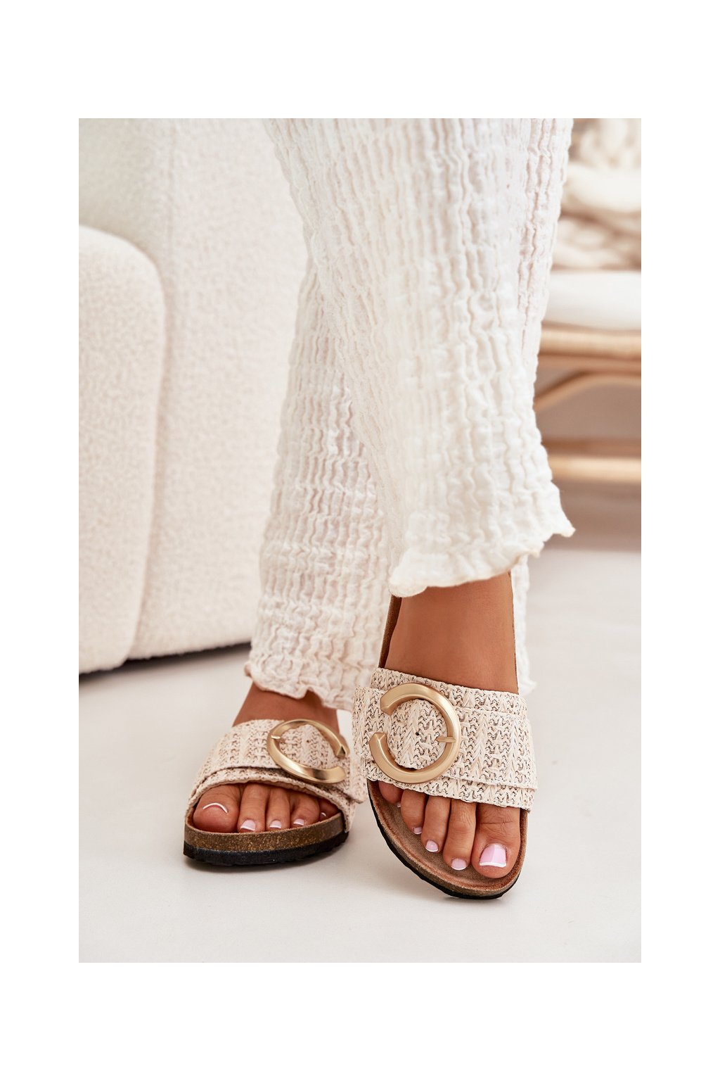 Béžové dámske papuče na korkovej platforme s rovnou podrážkou, syntetický materiál, kód produktu C-721 APRICOT (Veľkosť 36)