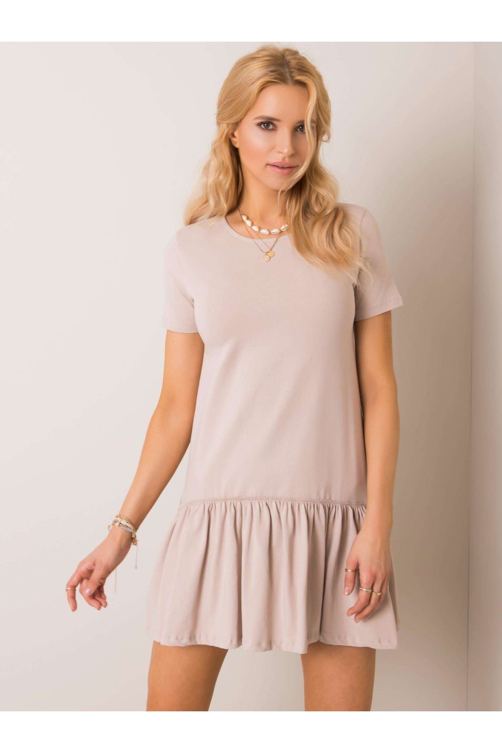 Béžové dámske basic šaty z bavlny a elastanu, kód produktu RV-SK-5631.02X (Veľkosť L, Farba Béžová)