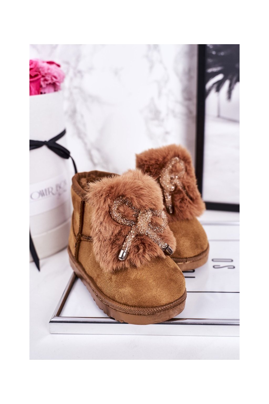 Hnedé detské snehule Rock Joy s eko kožušinkou a flitrami, kód produktu 602-1D CAMEL (Veľkosť 19)