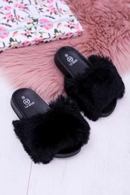 Lu Boo detské čierne šlapky s kožušinou XXL Poli kód ZY349-001-KD BLK