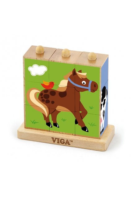 Drevené puzzle kocky na stojane Viga Farma