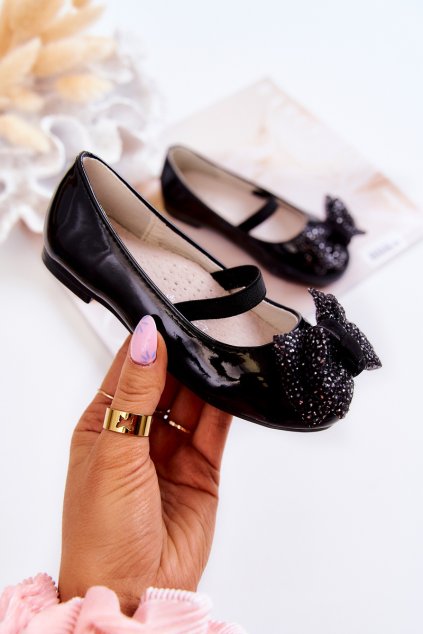 Detské lakované balerínky s mašľou černe zolly / DR1106/1102 BLK (Veľkosť 34)