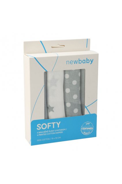 Látkové bavlnené plienky New Baby Softy s potiskom 70 x 70 cm 4 ks šedo-biele