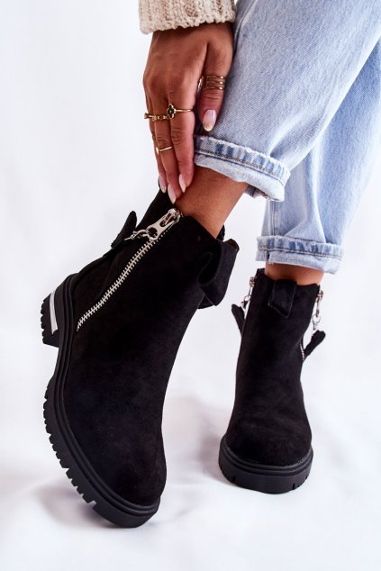 Členkové topánky na podpätku čierne so zipsom NC1279 BLACK