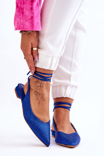 šnurované baleríny s kamínky modre mavis / 22-297 BLUE (Veľkosť 36)