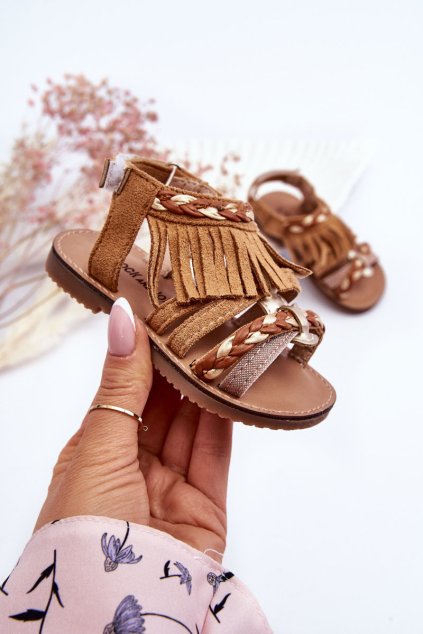 Detské Sandále na suchý zips se střapci hnede missy / 320-B KHAKI (Veľkosť 19)