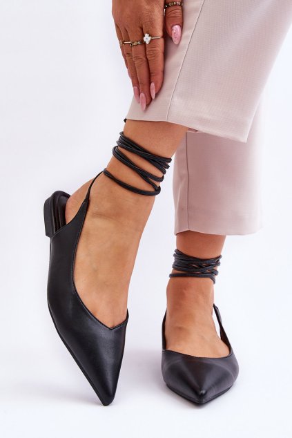 Dámske šnurované špičaté baleríny čierne turriso / 2530-1 BLACK (Veľkosť 36)