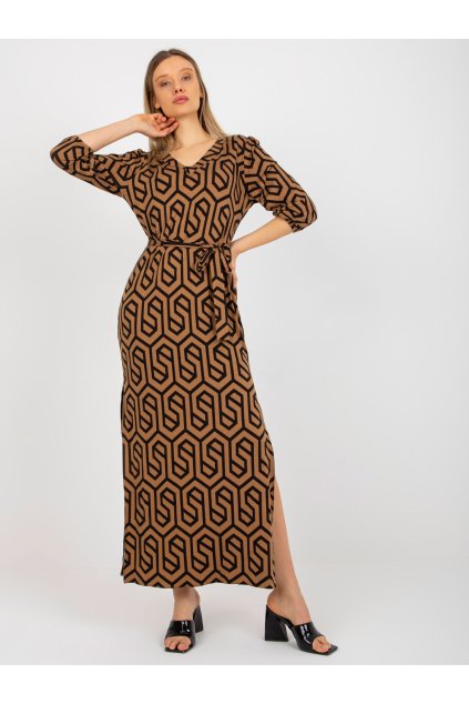 Dámske hnede camel šaty s podtlačeným vzorom kód produktu LK-SK-509249-1.72P