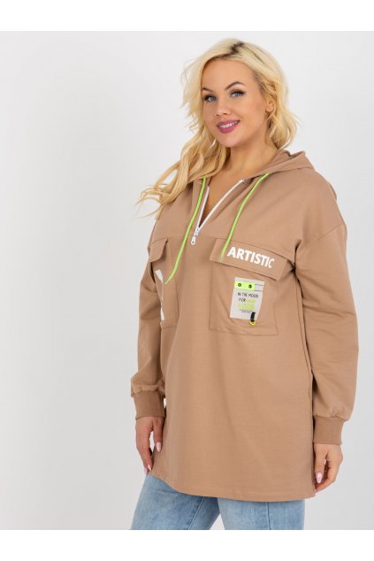 Dámska hnedá camel športová mikina plus size RV-BL-8258.34