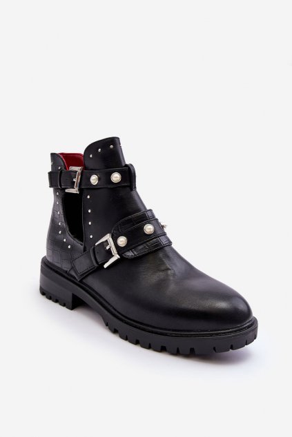 Členkové topánky na podpätku  čierne kód obuvi M327 BLACK