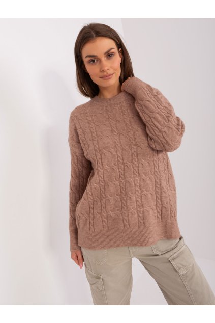 Dámsky sveter farba Tmavo-béžová kód AT-SW-2335.27 (Farba Tmavo-béžová, Veľkosť ONE SIZE)