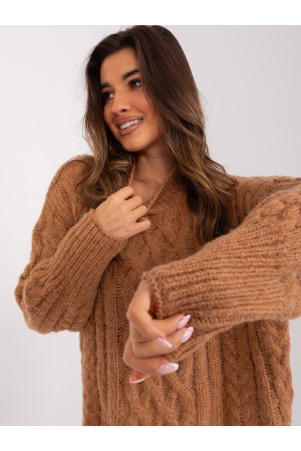 Dámsky sveter farba Hnedá camel kód AT-SW-2363-2.11P (Farba Hnedá camel, Veľkosť ONE SIZE)