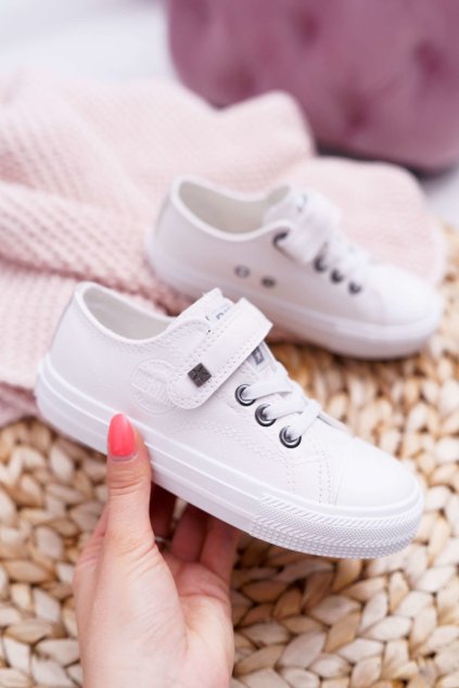 Biele detské tenisky z eko kože na rovnej podrážke, kód produktu EE374035 WHITE