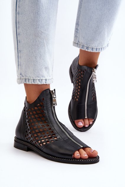 Zazoo 977/l kožené vyšívané Sandále na zips / 977/L/CR CZARNY (Veľkosť 36)