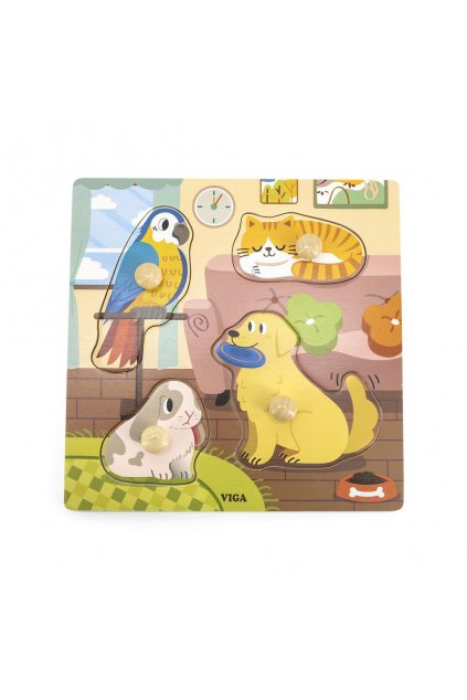 Detské drevené puzzle s úchytmi Viga Domáci miláčikovia 4 ks