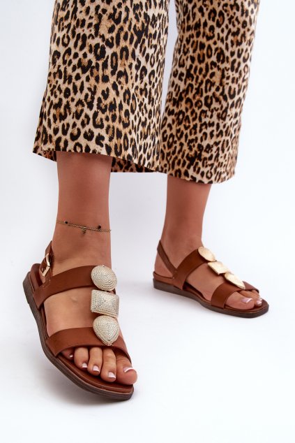 Dámske ploché Sandále s ozdobami sergio leone sk072h hnedé / SK072H BRĄZOWY (Veľkosť 36)
