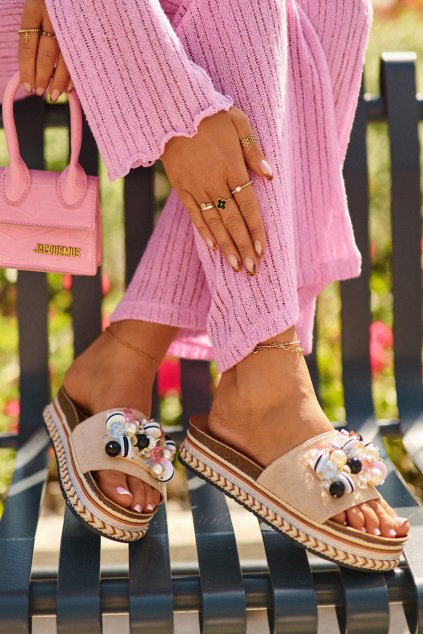 Dámske Sandále na platforme s ozdobami s.barski hy077 béžove / HY077 BEIGE (Veľkosť 36)