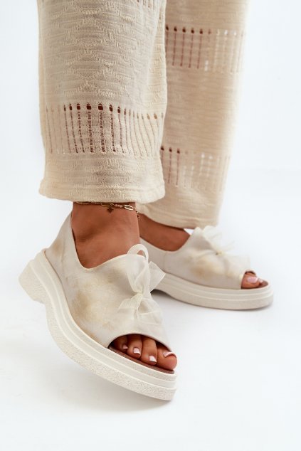 Zazoo 2939 Dámské kožené sandály s mašlí Zlatý otěr (Veľkosť 38)