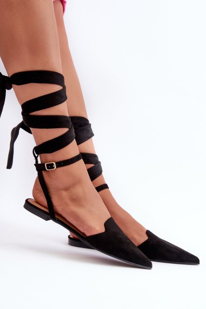 Šnerovací baleríny z eco semišu s špičatými špičkami čierne ellesara / JH265 BLACK (Veľkosť 38)