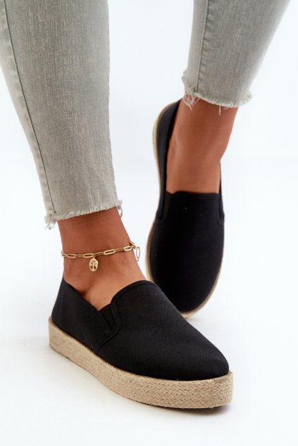 Čierne dámske textilné espadrilky na platforme s rovnou podrážkou, kód produktu 24TX02-7698 BLACK