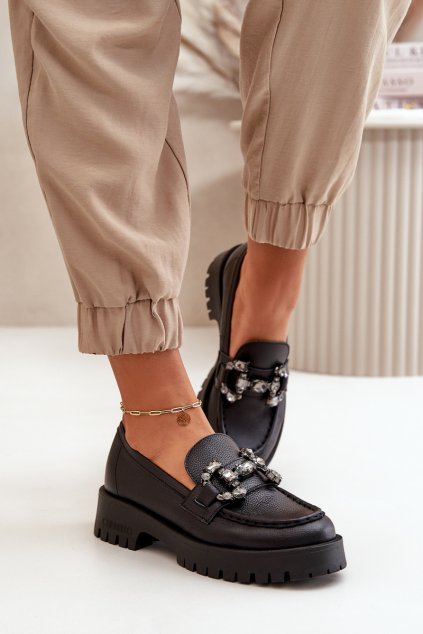 Dámske kožené mokasíny s dekorací čierne chebello 4369 / 4369 CZARNY (Veľkosť 40)